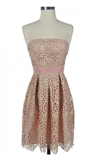 Sweet Honeycomb Lace Overlay Strapless Designer Dress by Minuet in Pink